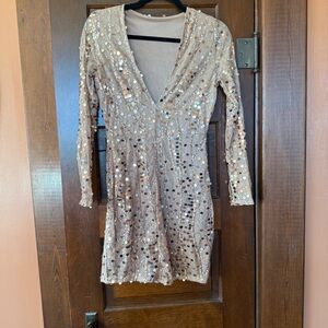 Nude Shimmer Sequin Dress – Illusion Sleeves – New Year’s Eve/Party Style  Small